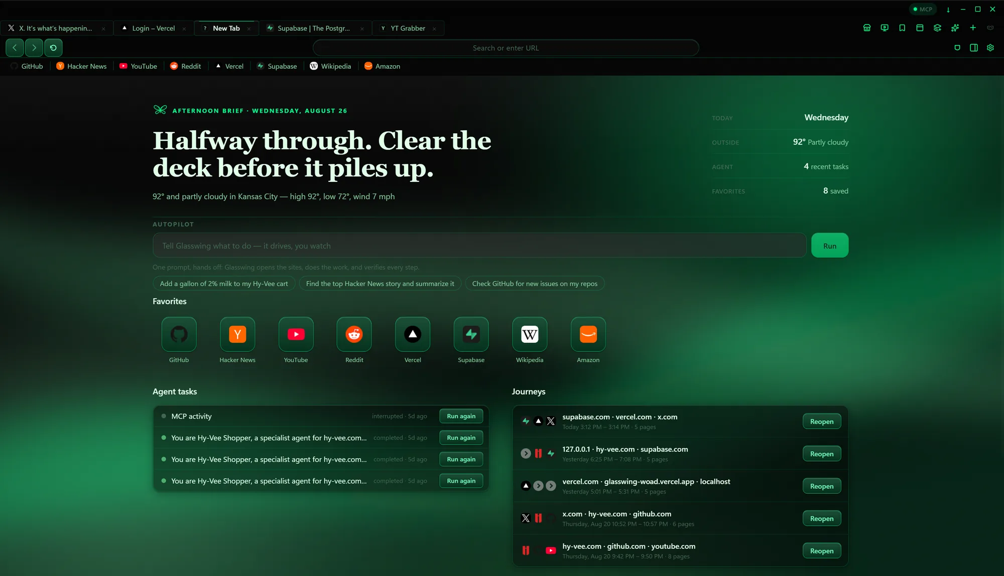 Glasswing's new tab page in the Cyber Neon theme
