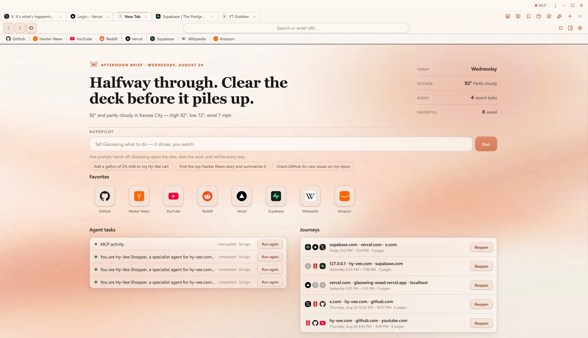 Glasswing's new tab page in the macOS Sonoma theme - warm light glass