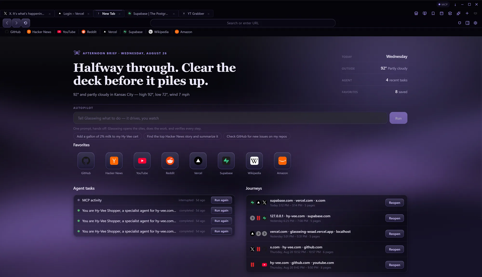 Glasswing's new tab page in the Midnight Aurora theme - violet dusk