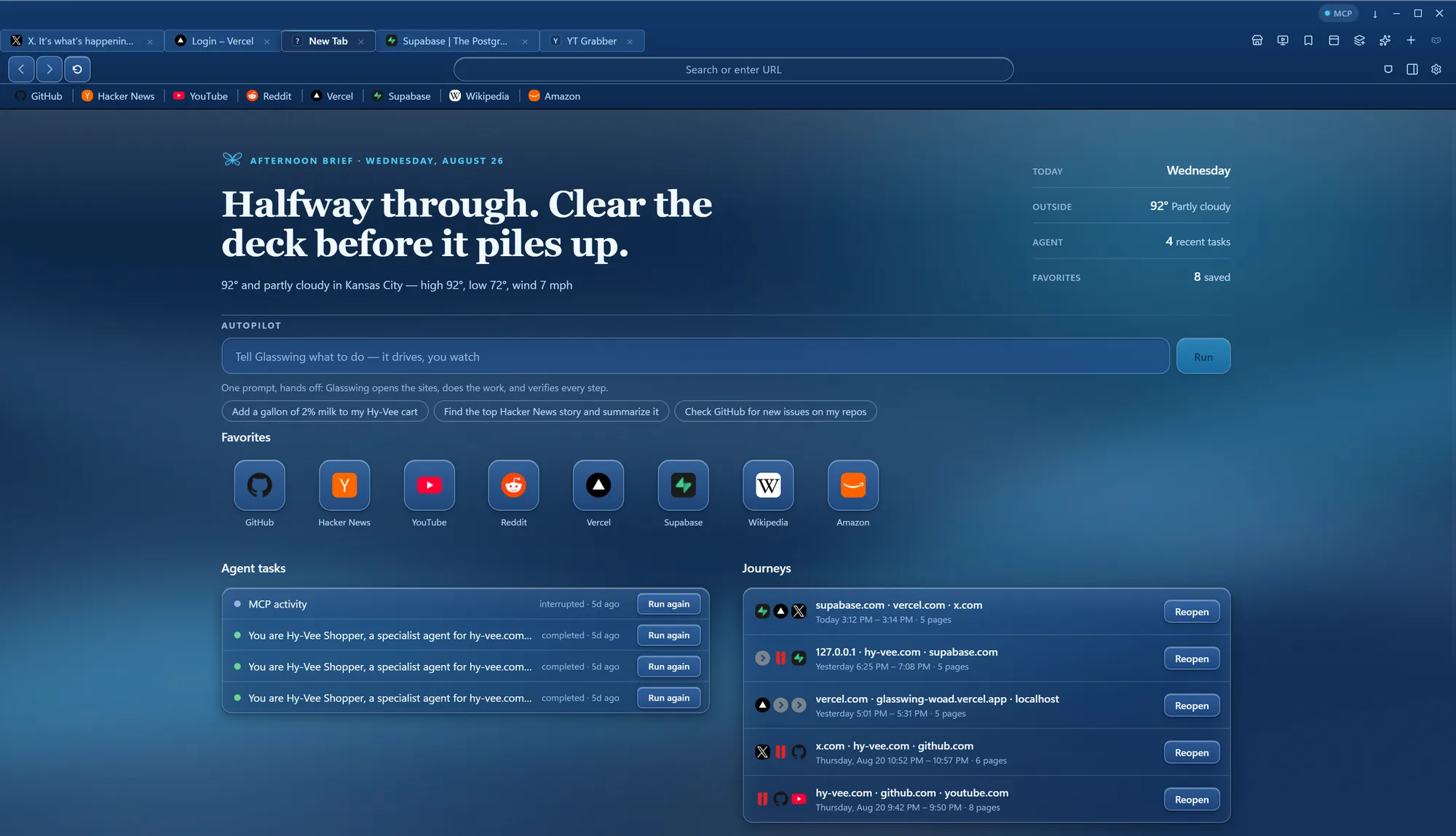 Glasswing's new tab page in The Glass theme - deep Aero blue over a Windows desktop