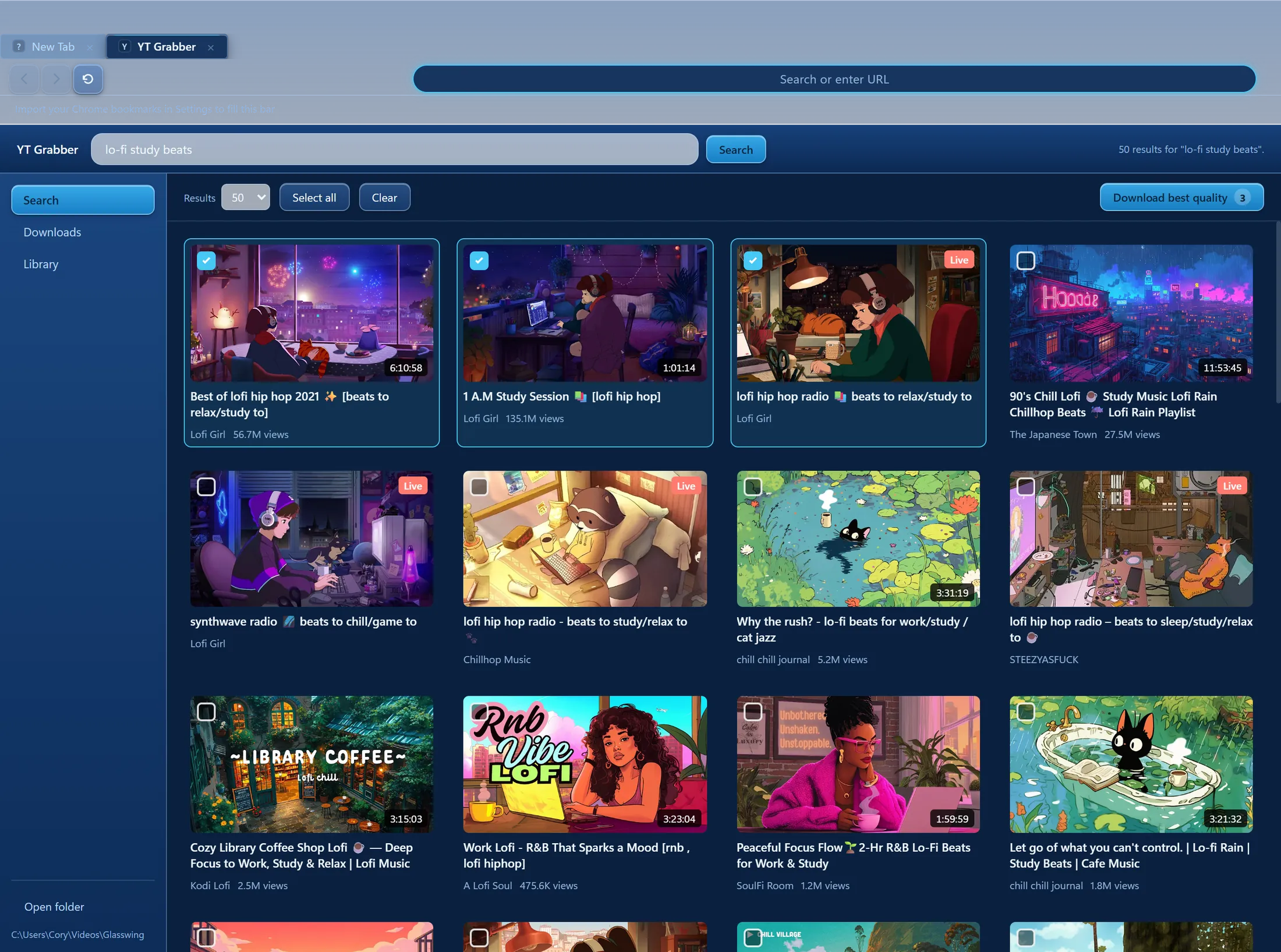 YT Grabber running inside Glasswing: a search for lo-fi study beats returning a grid of video results with three selected and a Download best quality button
