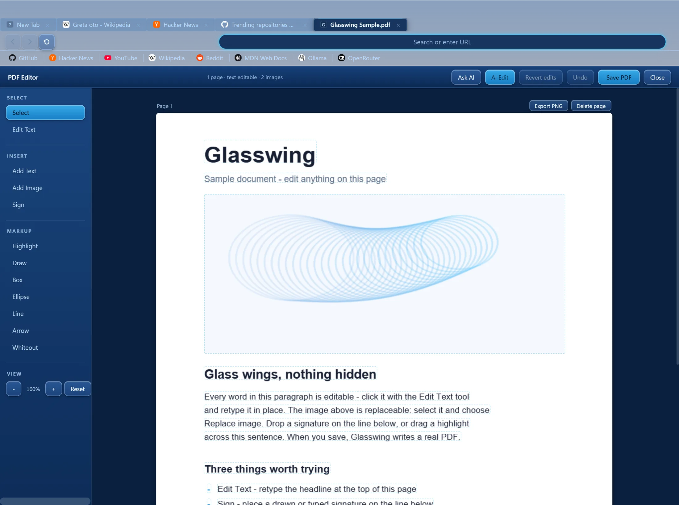 Glasswing's sample document open in the PDF editor - grouped tools in a left panel, editable text and images outlined with object boxes