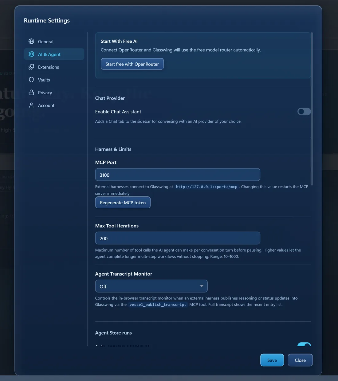 Glasswing settings, AI and Agent pane: start free with OpenRouter, chat provider toggle, MCP port, and agent tool limits