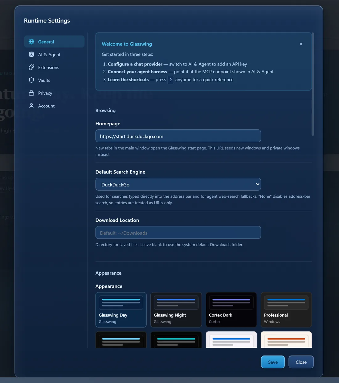 Glasswing settings, General pane: homepage, search engine, download location, and a grid of theme swatches