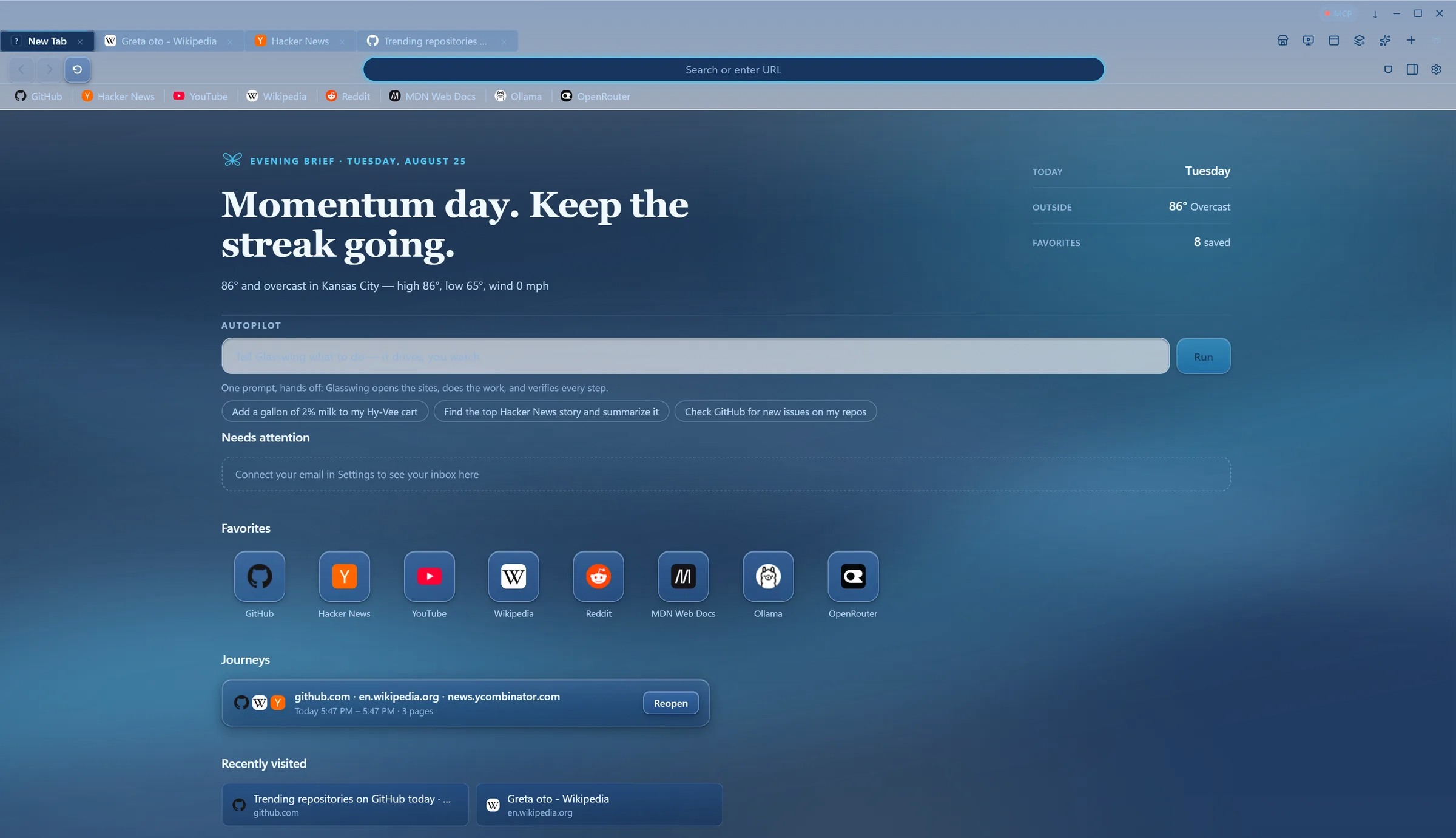 Glasswing's new tab page on a Windows desktop: an evening brief, the Autopilot prompt box, favorites, and a browsing journey in the deep-blue Glass theme
